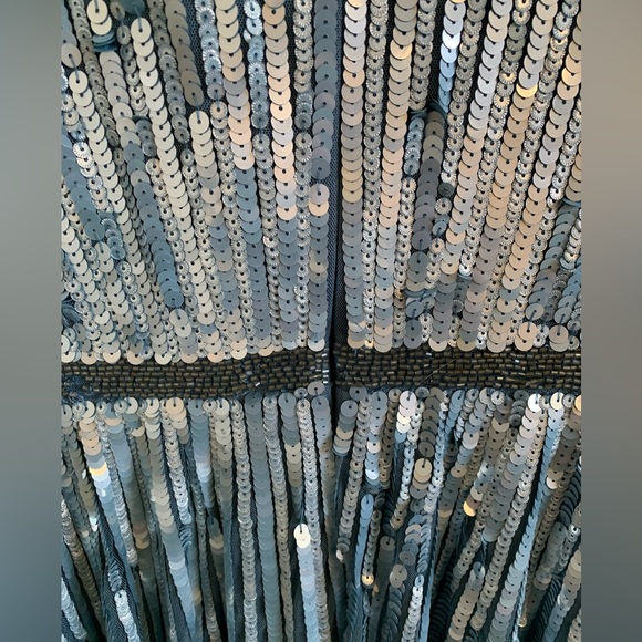 MAC DUGGAL SLATE BLUE SEQUINED WRAP OVER 3/4 SLEEVE GOWN (14) NWT 🌴 - Picture 11 of 16